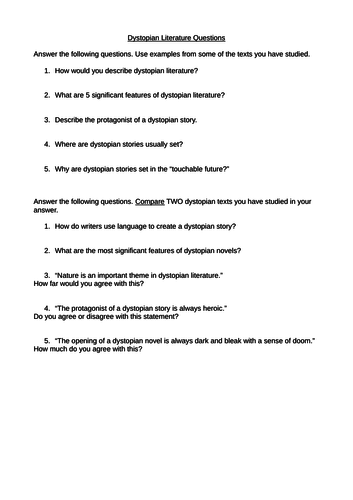 Dystopian Literature Intro Checklist Exam Style Questions Worksheets