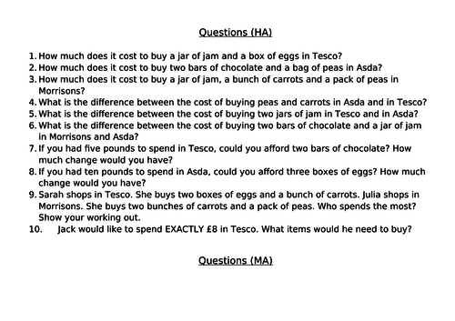 Fantastic real-life Maths for Tesco, Morrisons and Asda (differentiated 3 ways, including answers).