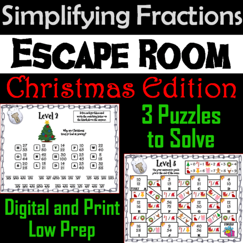 Christmas Escape Room Math: Simplifying Fractions Game; 4th 5th 6th 7th Grade