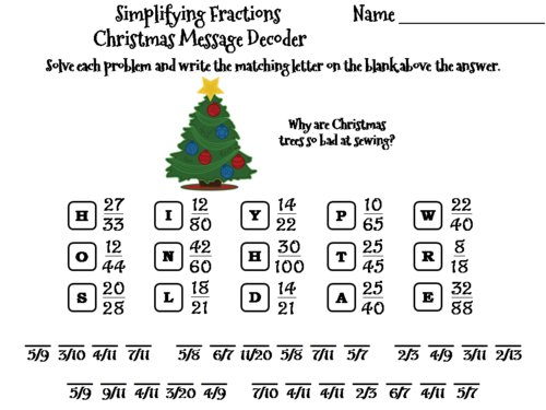 Simplifying Fractions Christmas Math Activity: Message Decoder