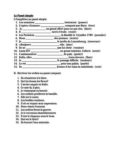 Passé Simple in French Worksheet 2
