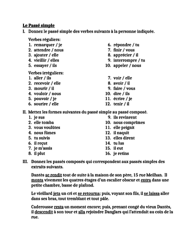 Passé Simple in French Worksheet 3