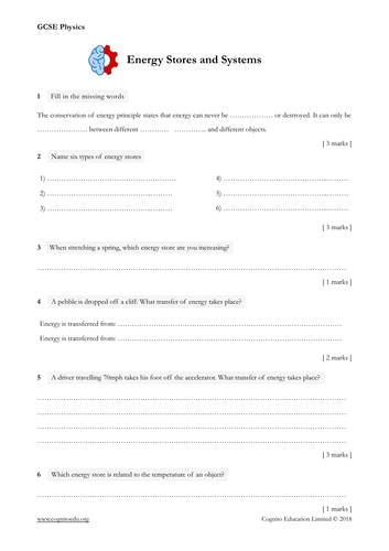 GCSE Physics - Energy Stores and Systems Worksheet