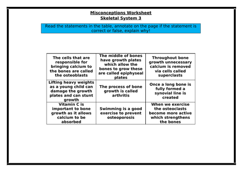 BTEC Level 3 - Skeletal System - Misconceptions worksheet 3