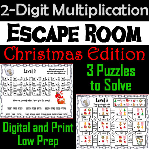 Christmas Escape Room Math: Two Digit Multiplication Game (3rd 4th 5th Grade)