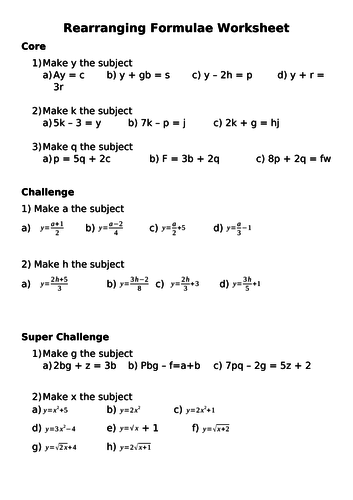 differentiated Rearranging Formulae Worksheet