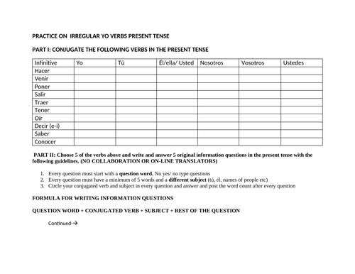 yo go verbs practice and original questions