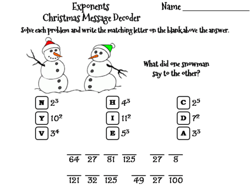 Exponents Christmas Math Activity: Message Decoder