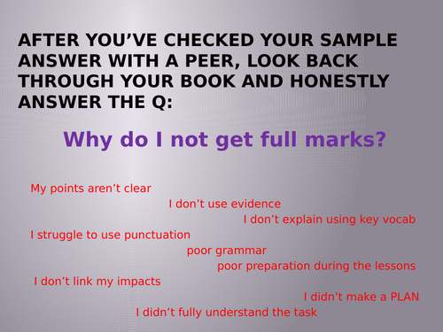 GCSE Question reflection- GREEN PEN ACTIVITY- Honest answering- Why do I not get full marks?