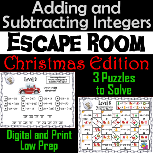 Adding and Subtracting Integers Game: Escape Room Christmas Math Activity
