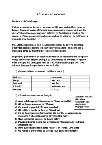 KS3 - French - Holidays - Allez 1 7.1 je vais en vacances (reading +  questions)