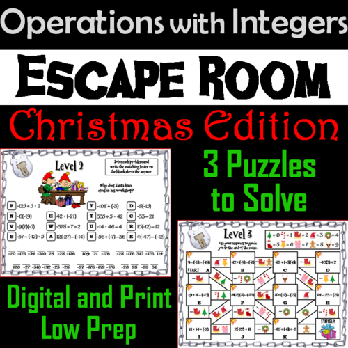 Operations with Integers Game: Escape Room Christmas Math Activity