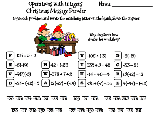 Operations with Integers Christmas Math Activity: Message Decoder