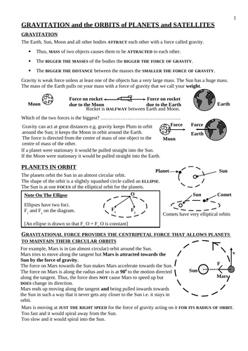 Gravity and the Orbits of Planets and Satellites Student Notes and Questions