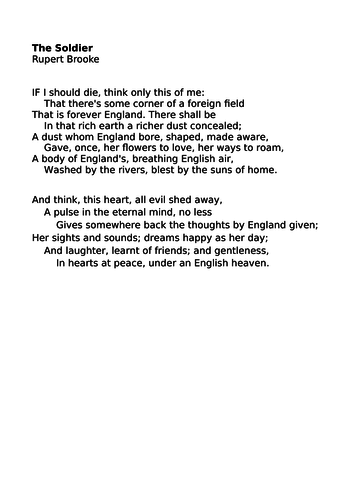 Lessons comparing 'The Soldier' by Rupert Brooke and 'Dulce et decorum est' by Wilfred Owen