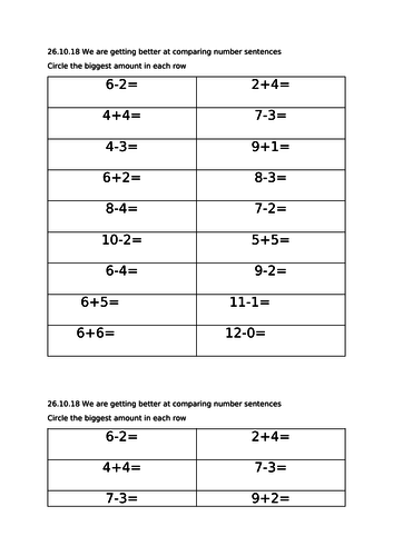 Comparing number sentences to 20