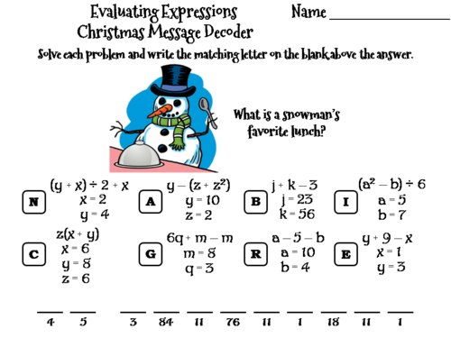 Evaluating Algebraic Expressions Christmas Math Activity: Message Decoder