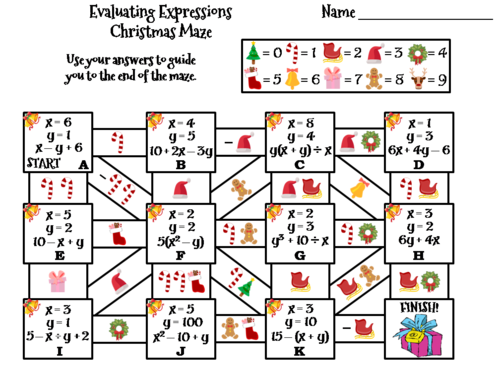 Evaluating Algebraic Expressions Activity: Christmas Math Maze
