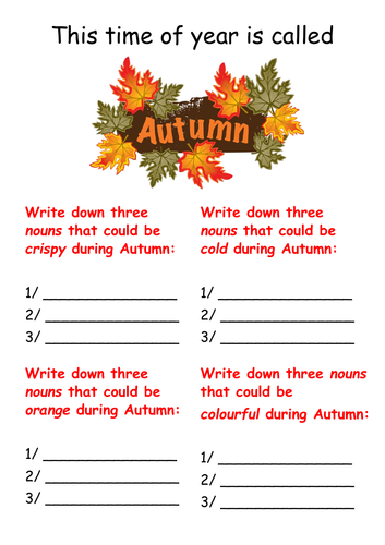 Autumn Adjectives And Common Nouns Worksheet Teaching Resources