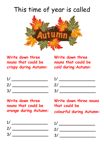 Autumn - adjectives and common nouns worksheet