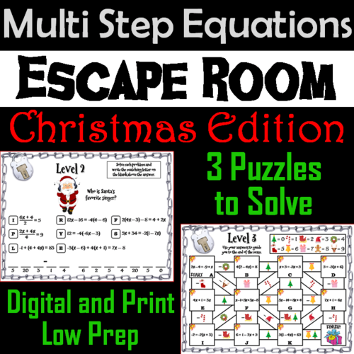 Solving Multi Step Equations Game: Escape Room Christmas Math Activity