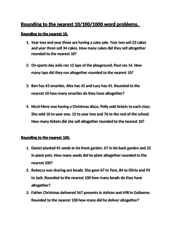 Word Problems Rounding to the nearest 10 , 100, 1000