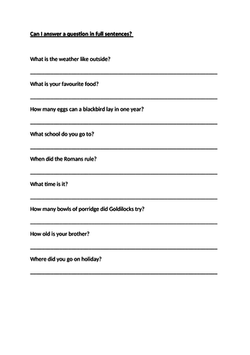 Lesson resources for answering and writing in full sentences
