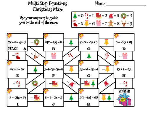 Solving Multi Step Equations Activity: Christmas Math Maze