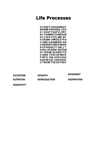 Life Processes Wordsearch