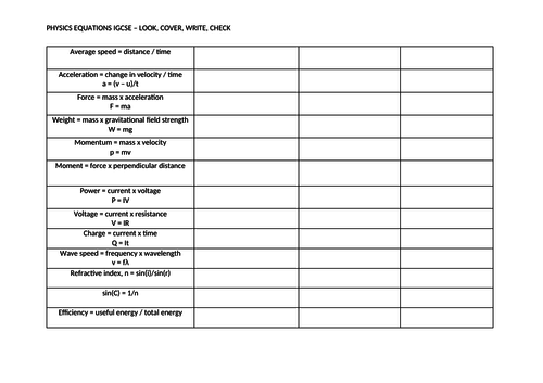 PHYSICS EQUATIONS IGCSE - Look, Cover, Write, Check