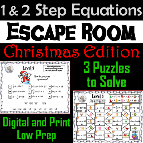 Solving One and Two Step Equations Game: Escape Room Christmas Math Activity