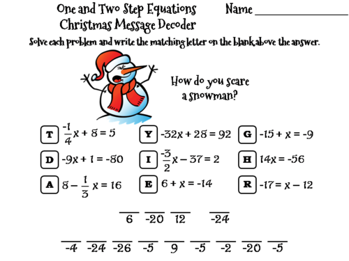 Solving One and Two Step Equations Christmas Math Activity: Message Decoder