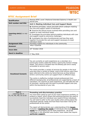 Assignment Brief - Unit 5 Meeting Individual Care Needs