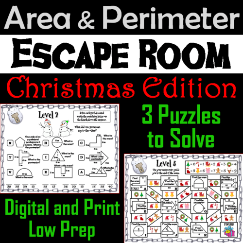 Area and Perimeter Game: Geometry Escape Room Christmas Math Activity