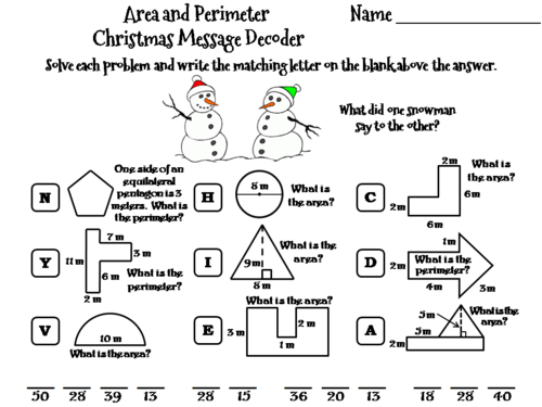 Area and Perimeter Christmas Math Activity: Message Decoder