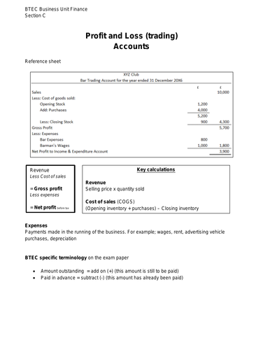BTEC Unit 3 Profit and Loss (trading) overview revision instruction sheet 'How to' depreciation