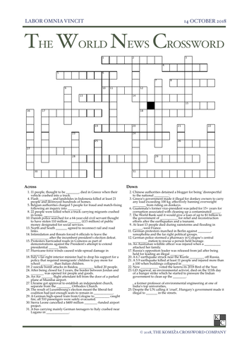 The World. News Crossword - October 14th, 2018