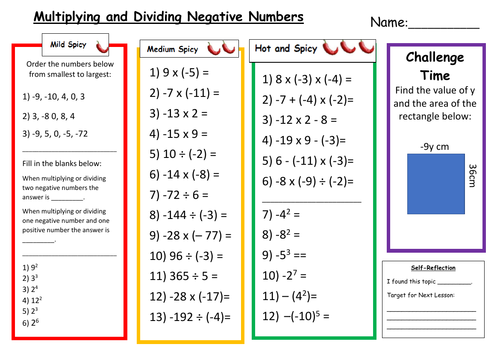 Multiplying And Dividing Negative Numbers Differentiated Worksheet Teaching Resources