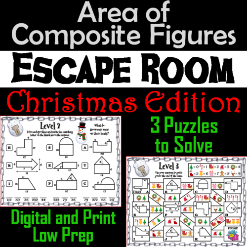 Area of Composite Figures Game: Geometry Escape Room Christmas Math Activity