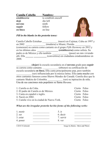 Camila Cabello Biografía: Bio & Worksheet Present Perfect (SUB PLAN)