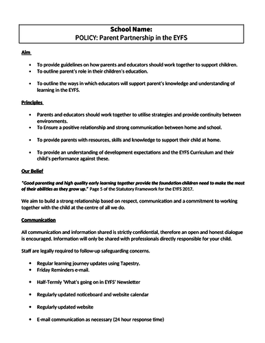 Parent Partnership in the Early Years Policy