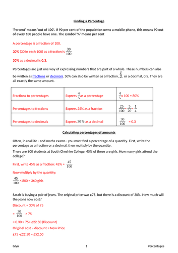 GCSE-Percentages -amount/ Reverse percentages/ Percentage Change/ Simple & Compound Interest