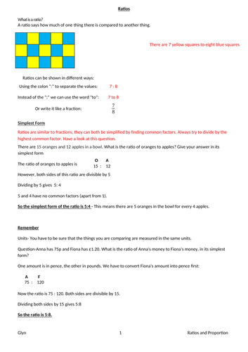 GCSE -RATIO AND PROPORTION- Simplifying ratios/Finding the value of parts /Working with proportion