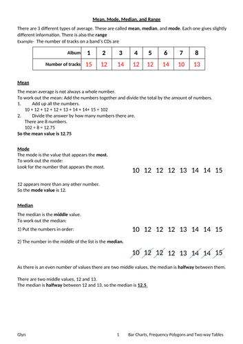 GCSE- STATISTICS- Mean Mode and Median, Frequency tables, Stem and Leaf