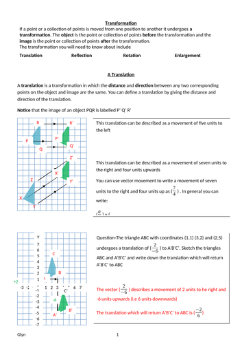 GCSE -Transformation and Vectors - Translation, Reflection, Rotation, Enlargement, Vectors