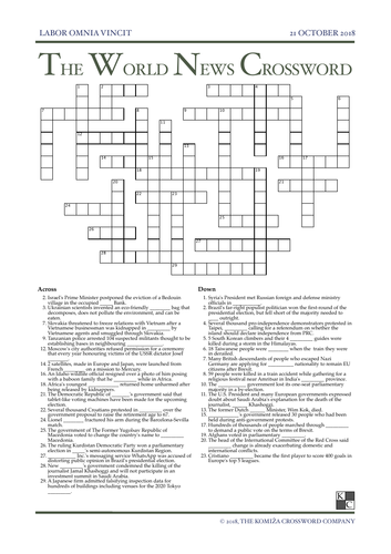 The World News Crossword - October 21st, 2018