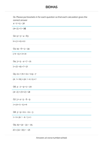 ks3 maths bidmas bodmas order of operation worksheet