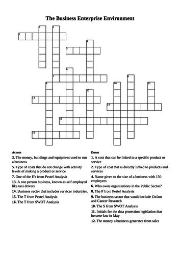 Business Enterprise Environment Crossword BTEC L2 Technical Certificate