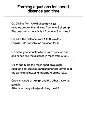 Speed, distance, time, equations: GCSE grades 8-9 tough worksheet