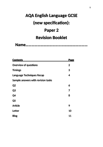 AQA GCSE English Language Paper 2  Revision Booklet (New Specification)